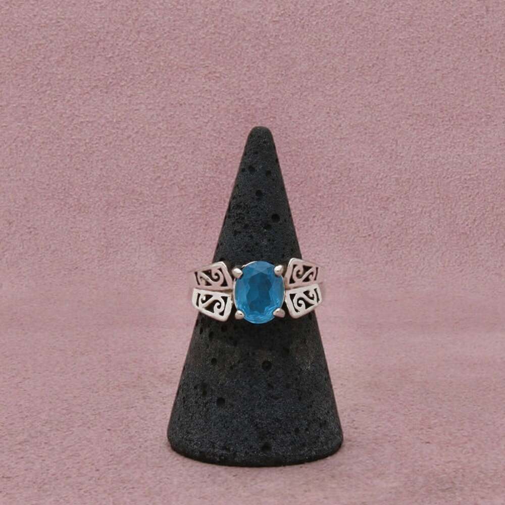 Sterling Silver Blue Topaz Oval-Cut Openwork Scroll Shoulders Ring Size 6